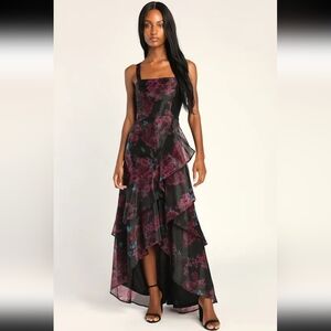 Lulu's Black and Maroon Floral Organza High Low Dress